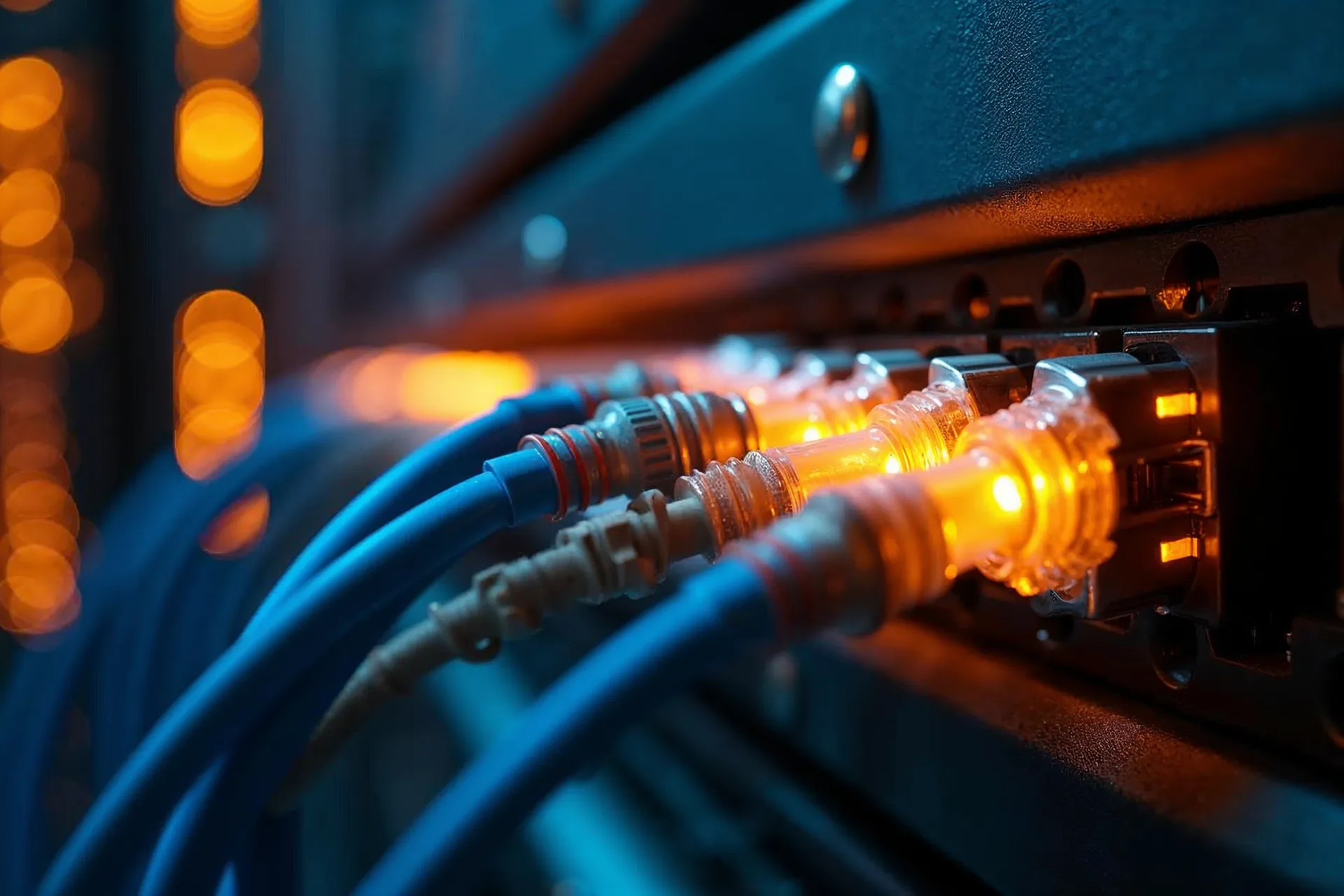 Serveru telpa ar optisko šķiedru savienojumiem kā simbols Baduno tulkošanas saskarnei