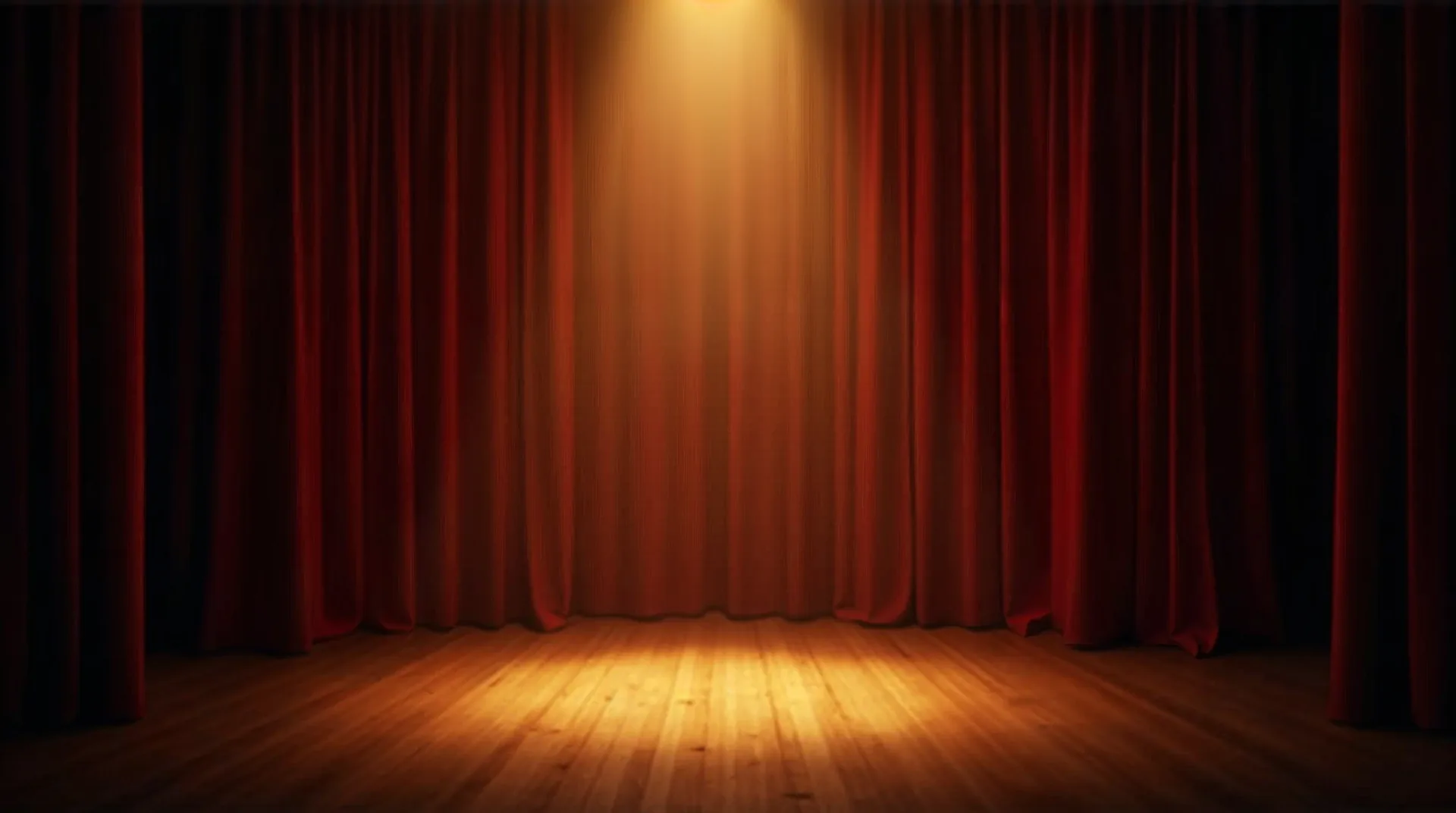Escenario teatral con foco dorado sobre cortina roja