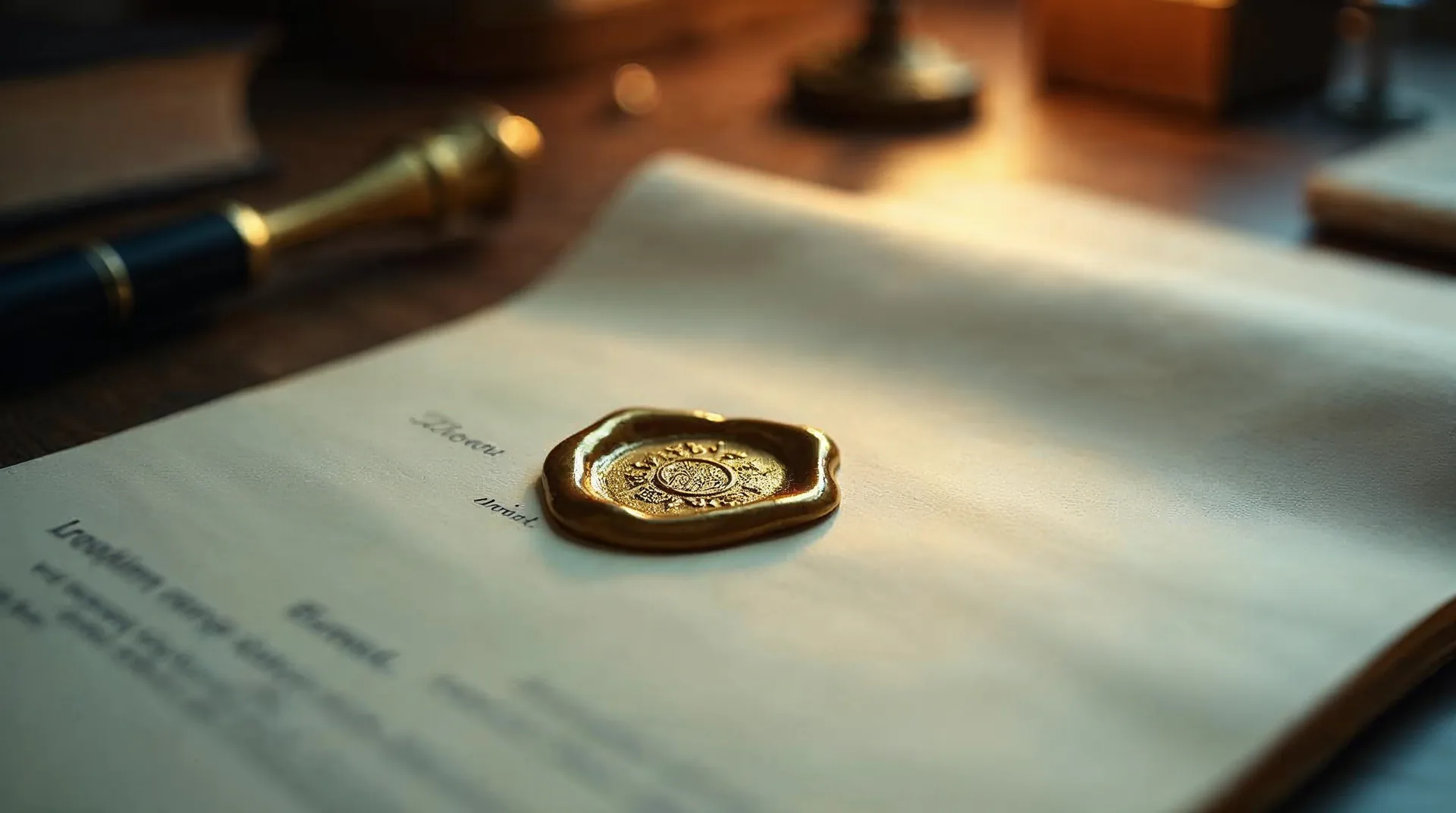Sello estampador imprimiendo un sello dorado sobre documento doblado