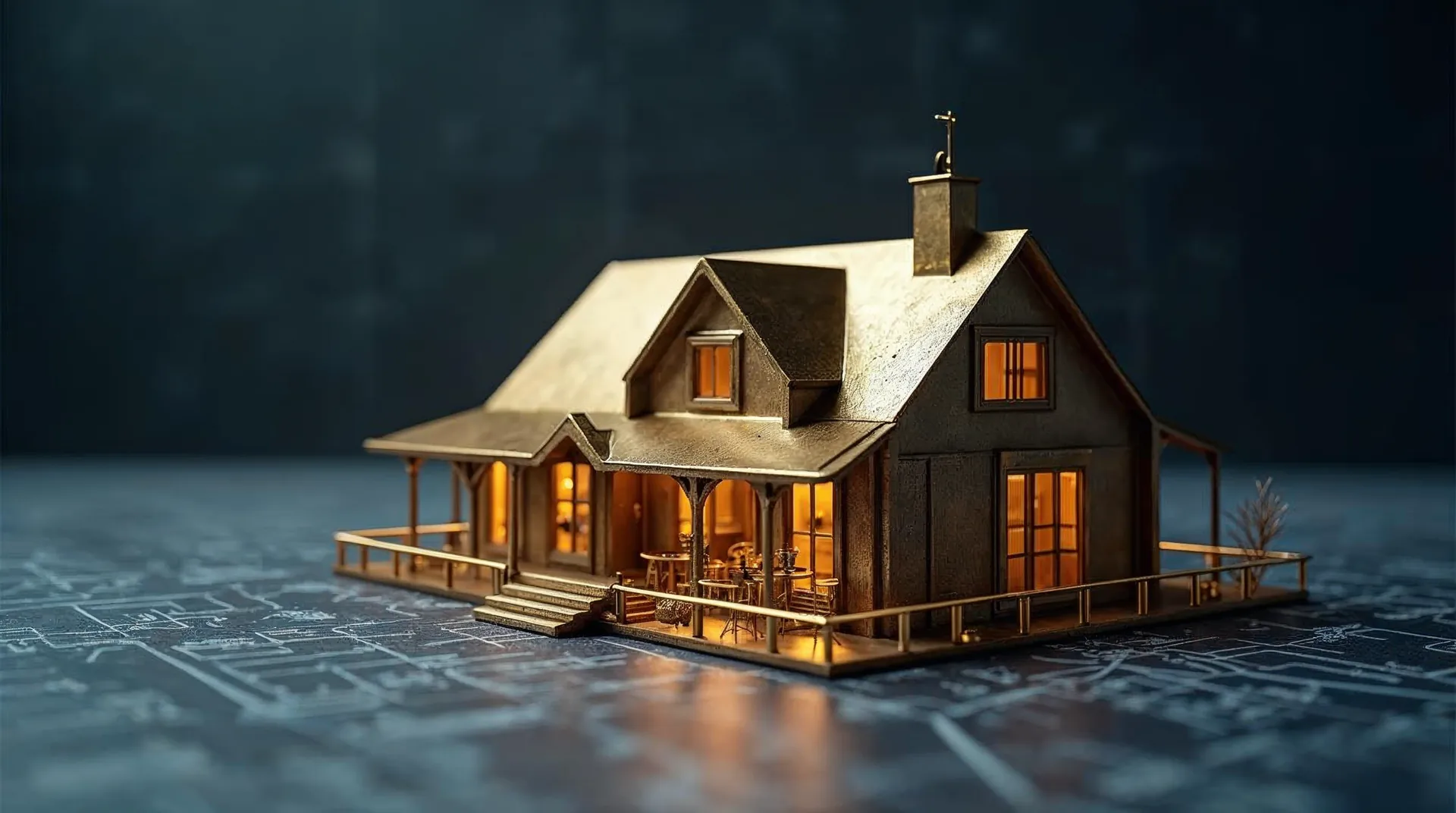Architektonický model domu z mosazi na modrotisku