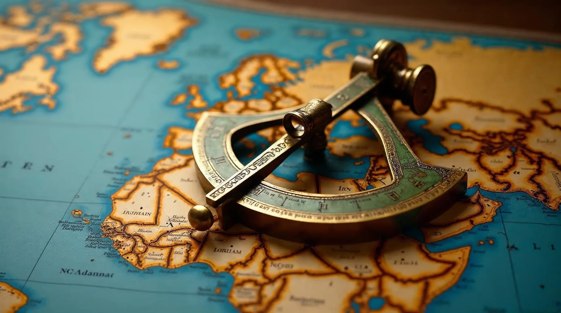 Mosazný sextant na historických mapách Evropy se zlatými liniemi tras