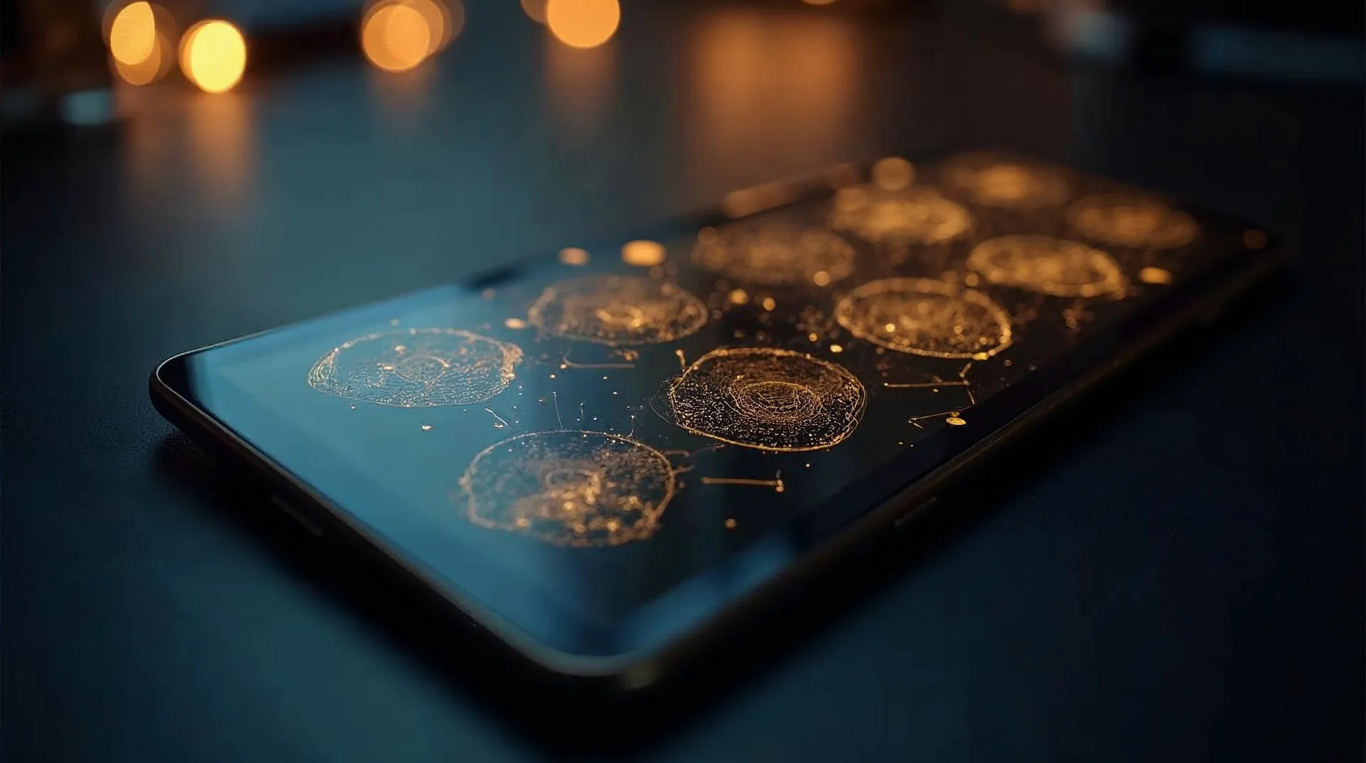 Smartphone a tablet se zlatými tvary rozhraní na tmavém psacím stole
