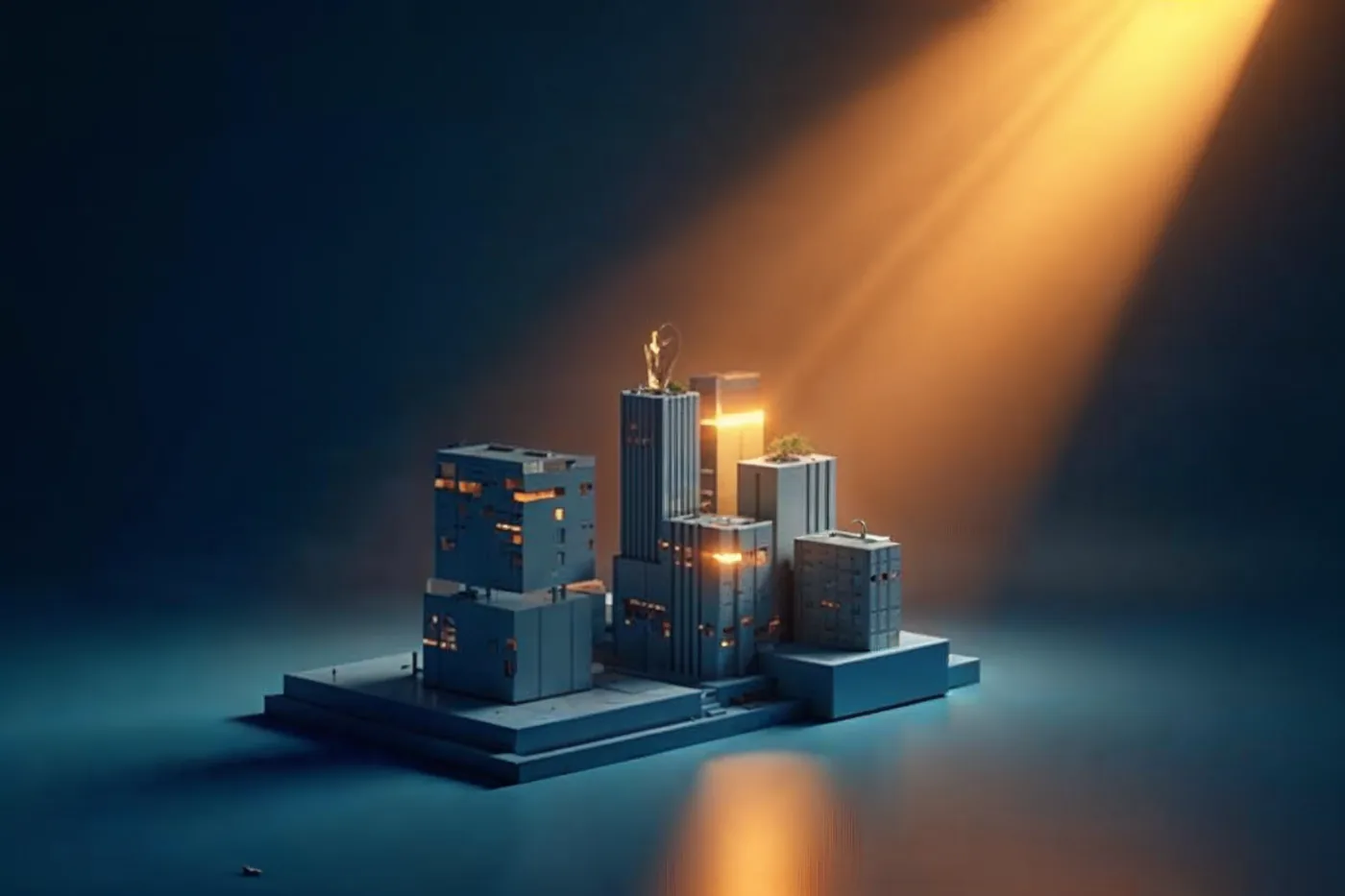 Skleněný hranol lámající zlaté světlo nad architektonickým modelem