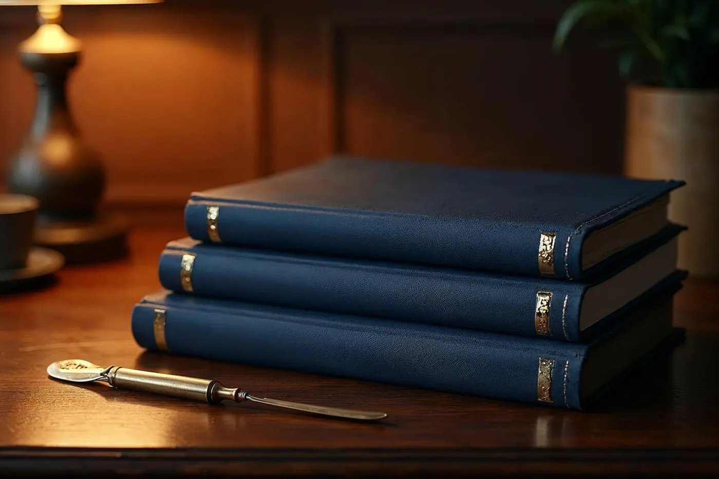Documentos encuadernados con estampado dorado sobre escritorio de nogal