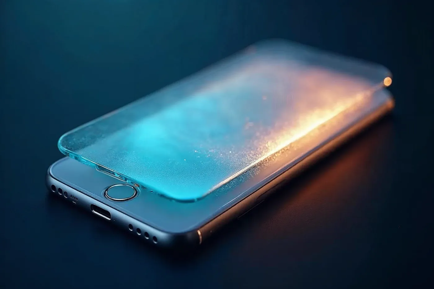 Chytrý telefon z matných skleněných rovin v modré a zlaté